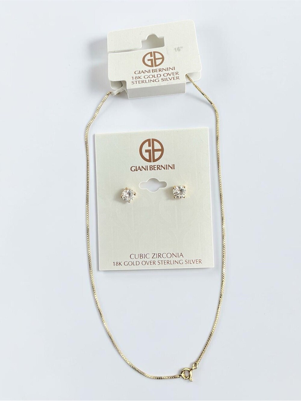 Giani Bernini CZ Stud Earrings & 16” Box Chain Set 18K Gold Over Sterling Silver